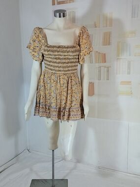 miami Yellow Floral Smocked Square-Neck Mini Dress